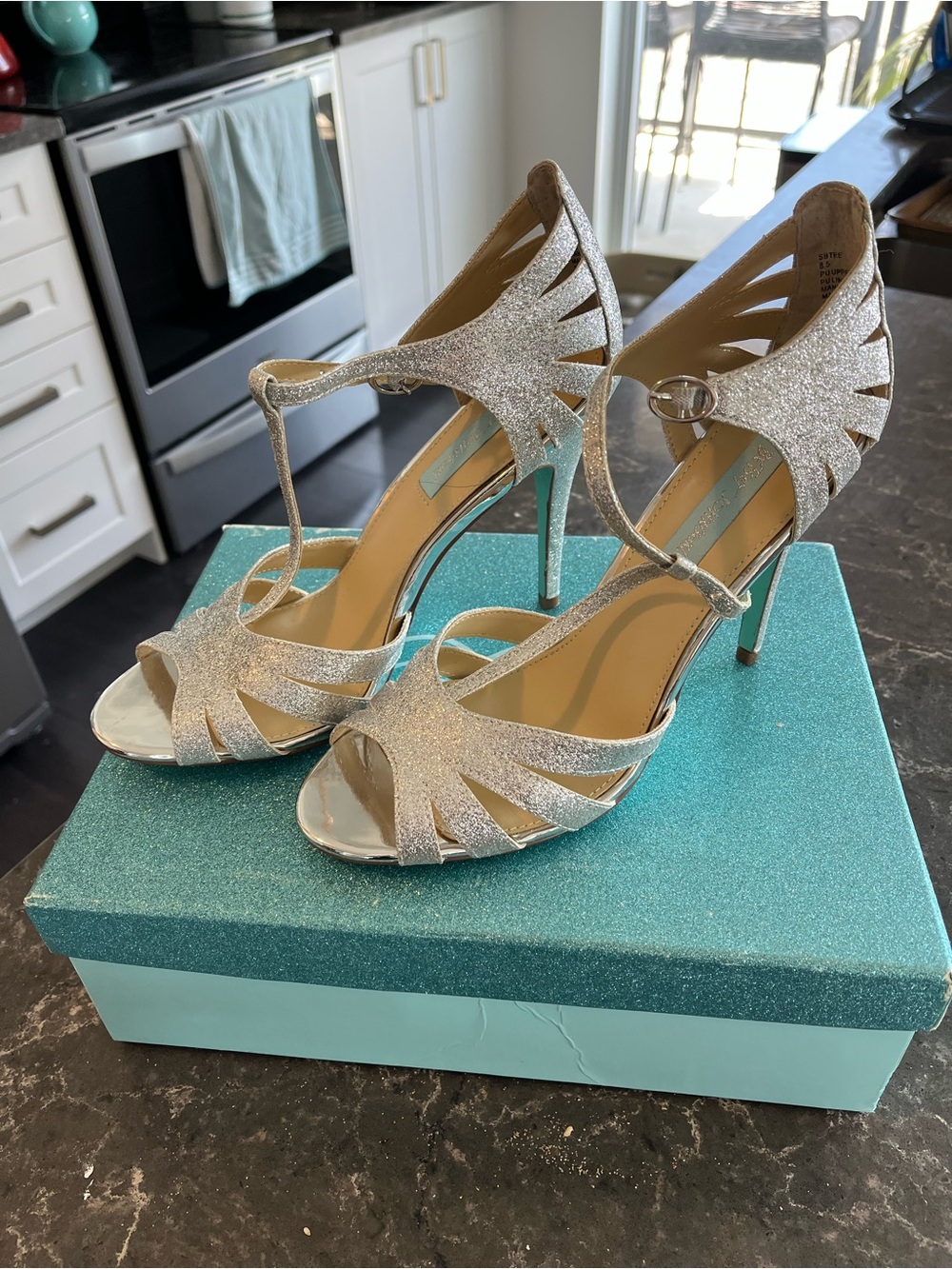 Blue by Betsey Johnson - Silver Glitter T-Strap High Heel Sandals - 8.5